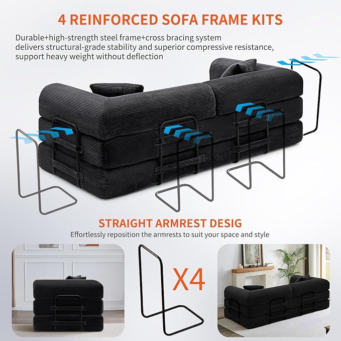 Convertible Sleeper Sofa Bed 1600lbs Weight Capacity Floor Sofa Bed with Fixed-Shape Frame Corduroy Foldable Couch for Small Space Lounge Mattress for Living Room Apartment Game Room (Black)