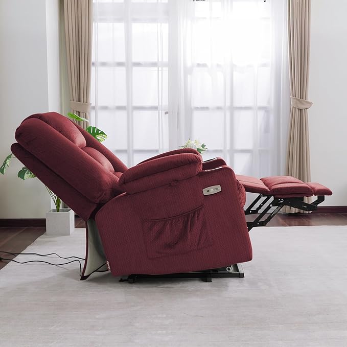 MCombo Oversized Power Lift Recliner Chair Sofa with Massage and Heat for Elderly People Petite USB Ports Side Pockets Fabric R7561 (Burgundy Small-Oversize)