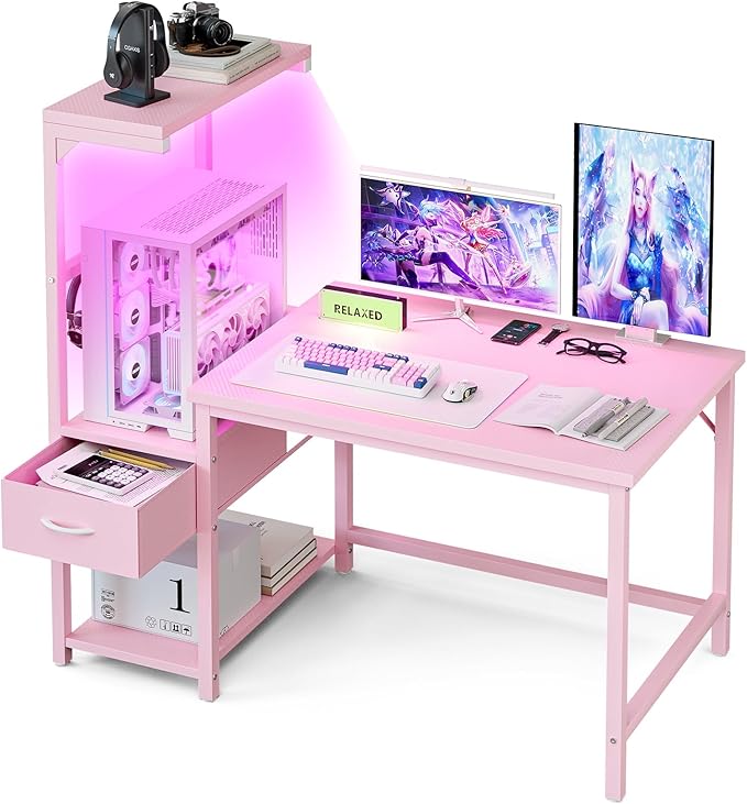 Grandder Gaming Desk 41 Inch with CPU Stand and LED Light Computer Desk with Reversible Shelves and Storage Drawer Pc Small Desk for Home Office Table with Bag Pink