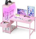 Grandder Gaming Desk 41 Inch with CPU Stand and LED Light Computer Desk with Reversible Shelves and Storage Drawer Pc Small Desk for Home Office Table with Bag Pink