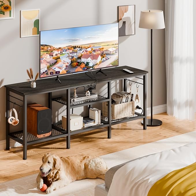 Furologee TV Stand with Power Outlets Entertainment Center with Open Storage Shelves for TVs up to 55 Inch Media Console Table with Soundbar Shelf for Living Room Bedroom Black Oak