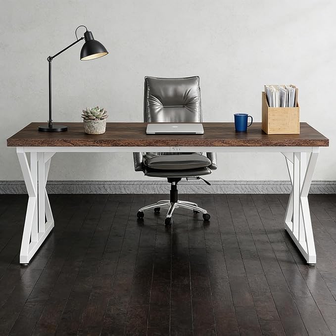 78 Inch Two Person Office Desk Extra Long Double Computer Desk Executive Office Desk Modern Writing Study Table Workstation for Home Office White Brown