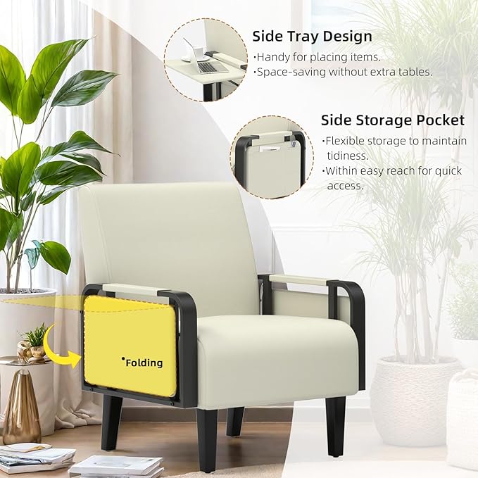 Faux Leather Accent Chair Modern Upholstered Armchair with Tray Table Comfy Reading Chair for Living Room Bedroom Guest Room Beige