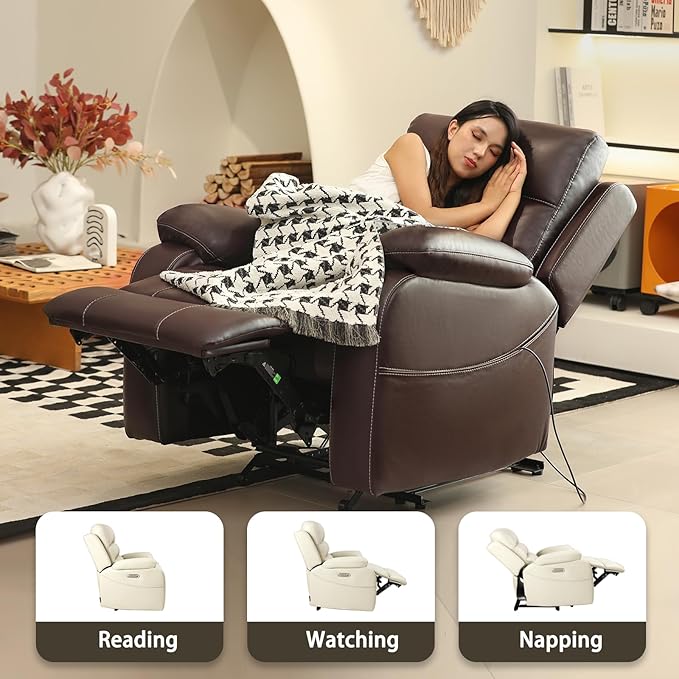 EONIX Real Zero Clearance Wall Hugger Recliners Power RV Recliner Chairs for Small Spaces Dual Motor Home Theater Recliners with Massage and Heat SXXY003992 Cream White