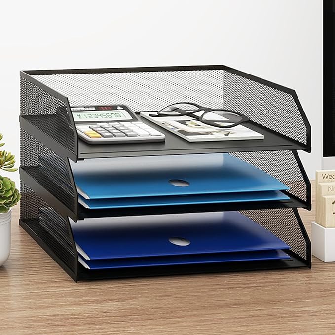 Natwind 3-Tier Stackable Paper Tray Metal Mesh Desktop Organizer A4 Paper Sorter Letter TraysFile Folder Sorter Organizer with Sliding Tray for Home Office School (Black)