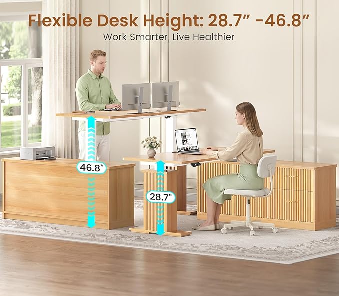 SEDETA L Shaped Electric Standing Desk 55 inch Height Adjustable Office Executive Desk with Storage Drawers Fluted Sit Stand Corner Computer Desk with Power Outlets for Home Office Oak
