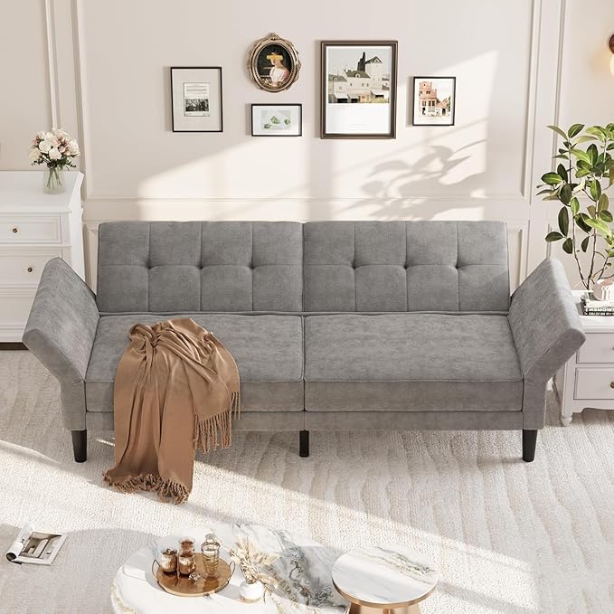 GarveeHome 89 Futon Sofa Bed Convertible Sleeper Sofa with Adjustable Backrest &amp Armrest Modern Futon Couch Bed Loveseat Sleeper for Living Room Bedroom Apartments Grey