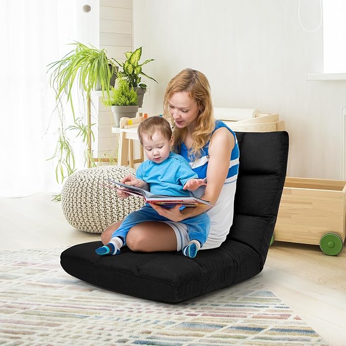 ERGOMASTER Modern Black Adjustable 14-Position Floor Chair Gaming Reading Recliner Linen Fabric 264 lbs Capacity