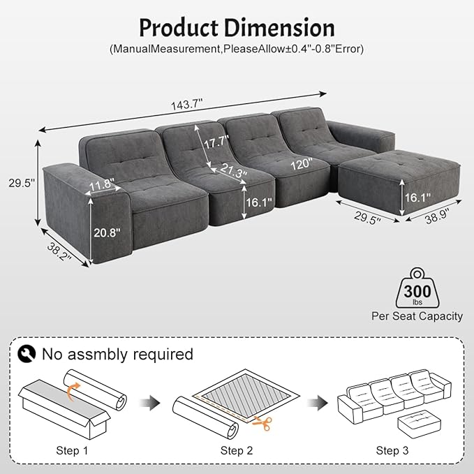 143.7 Modern Modular Sofa Set Sectional Couches for Living Room Boneless L Shaped Sofa with Movable Ottoman Oversized Couches Sparkling Chenille Fabric (Grey 5 Seat)
