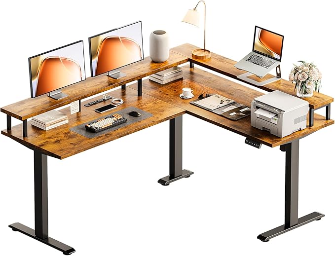 AODK Electric L Shaped Standing Desk 59 Inch Height Adjustable Stand Up Desk with Power Outlets ＆ Full Monitor Stand Reversible Corner Desk for Home Office ＆ Computer Workstation Rustic Brown