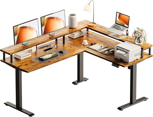 AODK Electric L Shaped Standing Desk 59 Inch Height Adjustable Stand Up Desk with Power Outlets ＆ Full Monitor Stand Reversible Corner Desk for Home Office ＆ Computer Workstation Rustic Brown