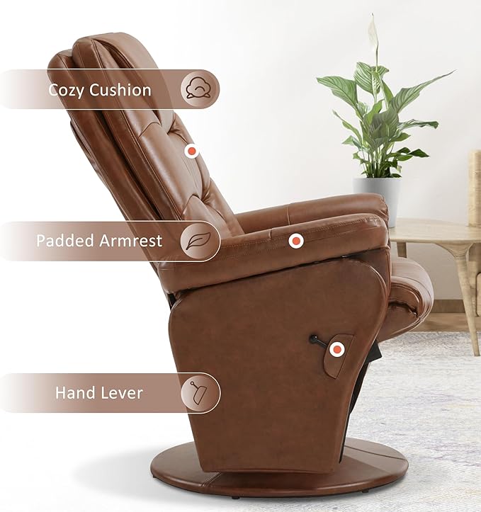 MCombo Swivel Glider Recliner with Ottoman Reclining Chair with Adjustable Back Faux Leather Upholstered Lounge Chair for Living Room Bedroom 4800 (Brown)