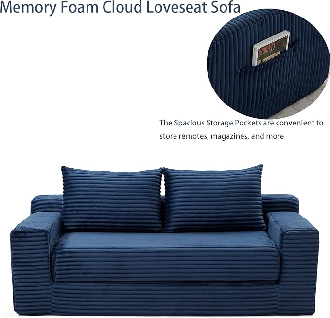 73 Memory Foam Cloud Loveseat Sofa 2 in 1 Convertible Folding Couch Bed Compressed Corduroy Floor Lounge Sofa No Assembly for Apartment Office Bedroom Living Room (Blue)