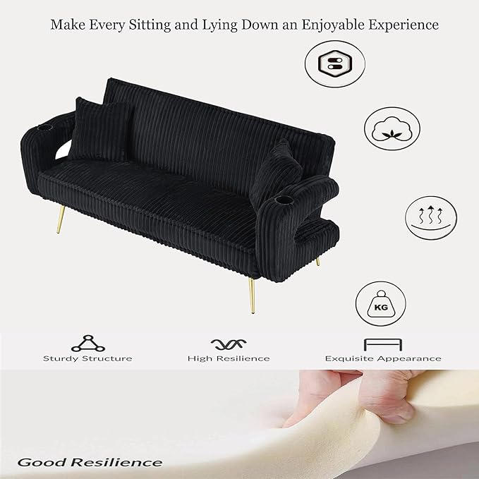 73 Convertible Futon Sofa BedModern Corduroy Sleeper Couch with 3 Reclining BackrestsGolden Chrome LegsComfy Cloud Sofa Loveseat for Small Living Room Bedroom Office (Black)
