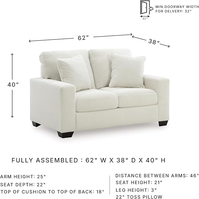 Signature Design by Ashley Ammon Casual Anti Sag Loveseat with Loose Seat Cushion and 2 Accent Pillows White