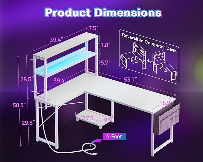 AODK L Shaped Desk Gaming Desk with LED Light &amp Power Outlet 53 Inch Reversible L Shaped Computer Table with Shelf Corner Desk with Storage Bag&ampHook for Home Office Desk White