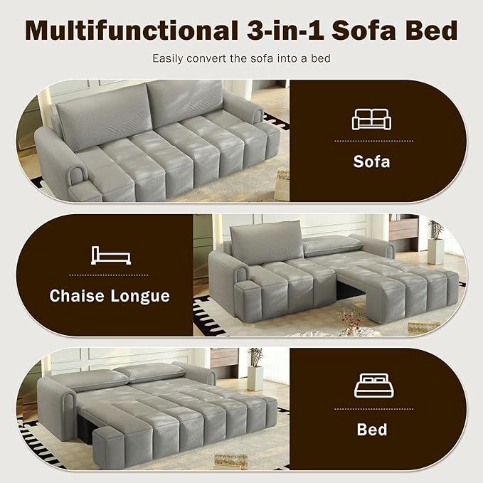 3-in-1 Convertible Sleeper Sofa Bed King Size Pull Out Sofa Bed with Hidden Seat Storage 90 Comfy Teddy Fabric 4-Seater Couch for Living Room Office Apartment (Gray)