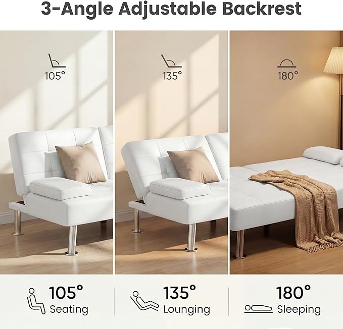 YESHOMY Modern Futon Sofa Bed Convertible Futon Couch with Adjustable Backrest Futon Loveseat Sleeper Sofa Bed with Armrest for Living Room Small SpacesPU Leather White