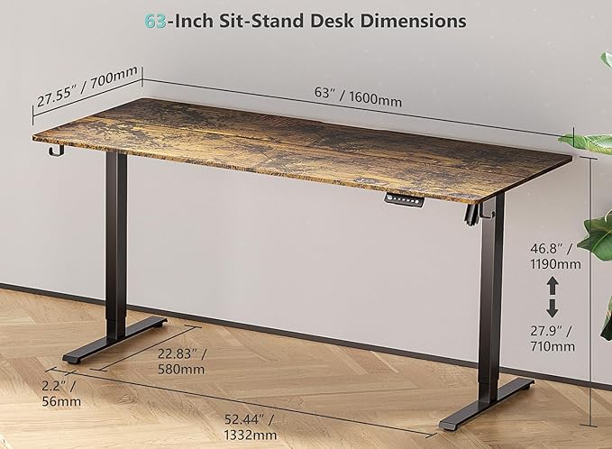 63 x 28 inch Electric Standing Desk Adjustable Height with 4 Wheels 4 Memory Height Settings 2 Headphone Hook for Home Office Splice Board Brown