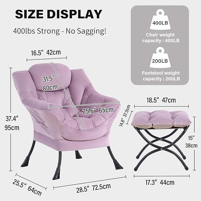 Tiita Lazy Chair with Ottoman Purple Modern Large Accent Armchair Comfy Leisure Sofa Reading Chair with Footrest for Bedroom Living Room Dorm Rooms Garden Velvet Light Purple
