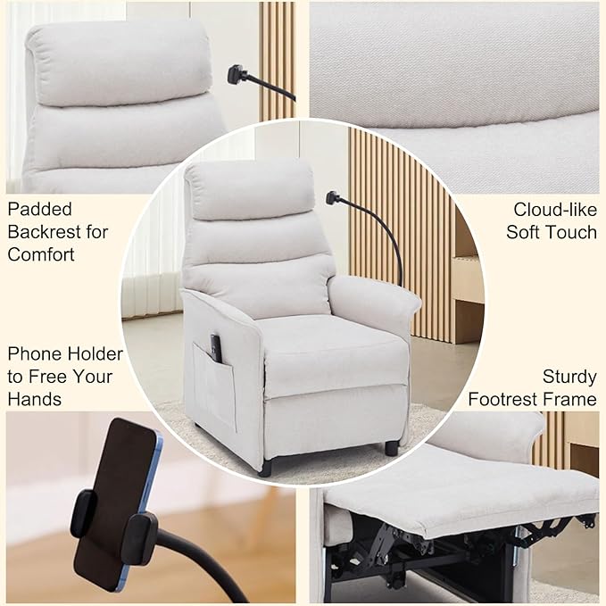 Beige Power Recliner Chair with Remote Control Adjustable Phone Holder and Storage Pocket – 90° to 155° Reclining Oversize Comfort for Living Room Home Theater or Gaming
