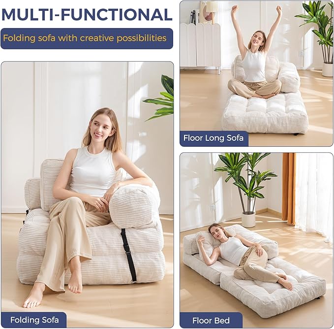 MAXYOYO Folding Sofa Bed L-Shaped Convertible Sofa Foldable Sleeper Couch with Pillow Portable Fold Out Chair Bed with Armrest Comfy Floor Lounge for Living Room Bedroom Beige