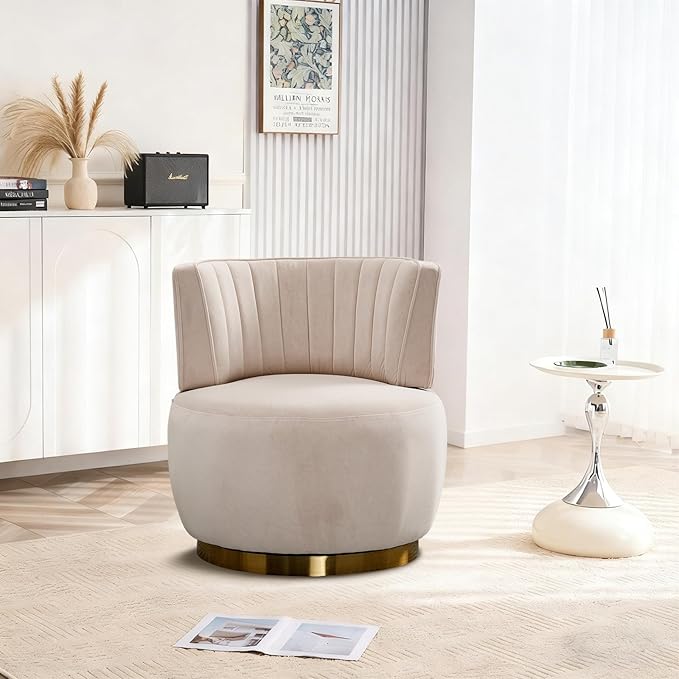 360 Degree Swivel Accent Chair Comfy Round Swivel Barrel Chair with Mental Base Upholstered Cozy Reading Armchairs Modern Lounge Sofa Chairs for Living Room Bedroom Club Office(Velvet Beige)
