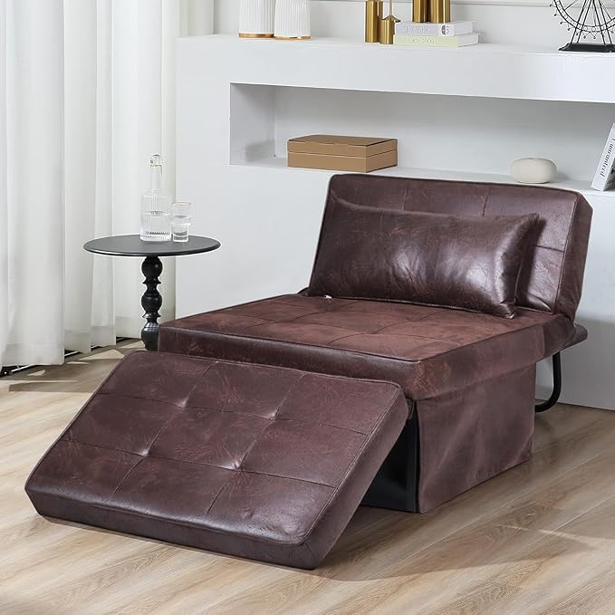 BIGSYY Sofa Bed Set of 4 in 1 Multi-Function Folding Ottoman Breathable Linen Couch Bed with Adjustable Backrest Modern Convertible Chair for Living Room Apartment Office PU Imitation Brown