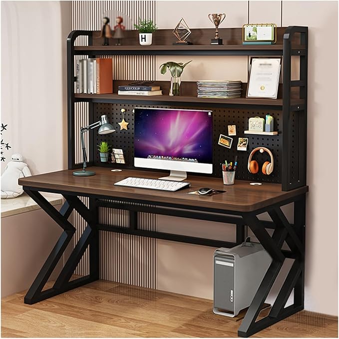 31.4in Gaming Desk with Bookshelf Combo Computer Desk with Pegboard Large Writing Table with Desktop Shelves Ample Leg Room for Home Office (Brown 31.4in)