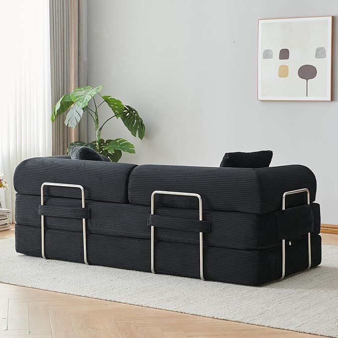 Antetek Modular Couch Bed Convertible Folding Plush Corduroy Comfy Floor Compression Loveseat Sleeper Sofa Couch King Size Bed for Guest Room Living Room Bedroom No Assembly Required Dark Black