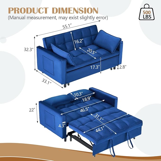 3 in 1 Convertible Sleeper Sofa Bed Modern Velvet Loveseat Pull-Out Couch Futon Love Seat Lounge Sofa with Pull-Out Bed &amp Adjustable Backrest and Side Pocket for Small Apartment Bedroom | Conve