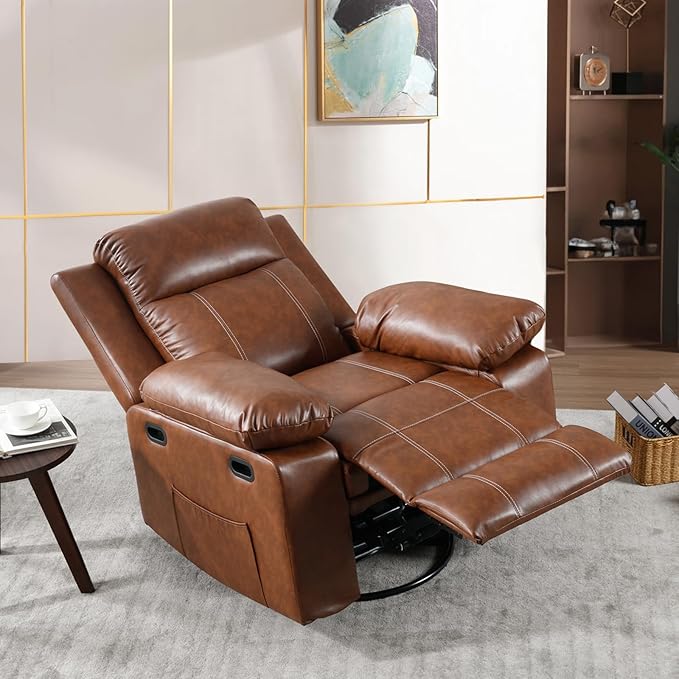 Massage Recliner Chair for Adults 360 Swivel &amp Rocker with Heat &amp Vibration Brown PU Leather Glider Reclining Chair for Home Theater Living Room Lounge Nursery