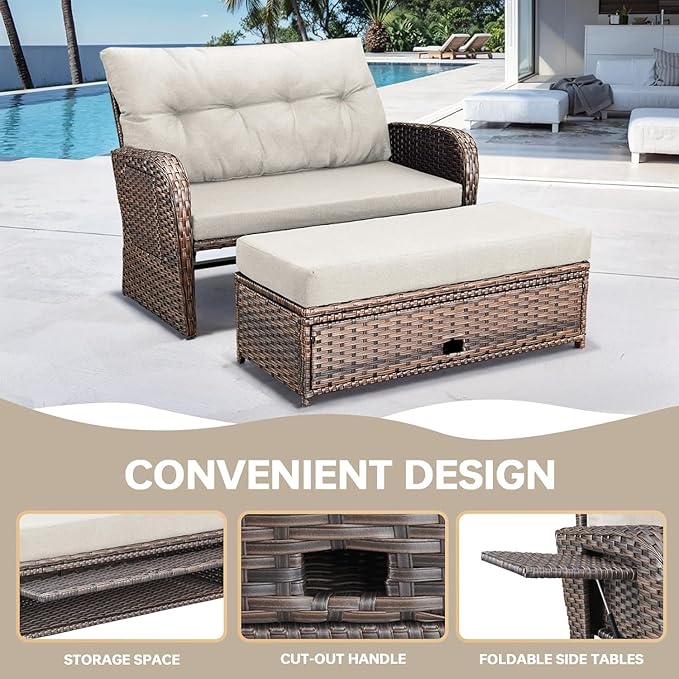 Outdoor Daybed Patio Daybed Wicker Recliner for Two with Multifunctional Recliner and Stowable Side Tray 5 Level Adjustable Backrest (Beige)