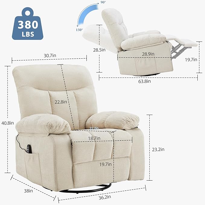 DUMOS Rocker Recliner Chair Swivel Recliner with Vibration Massage &amp Lumbar Heating 270° Rotating Chenille Fabric Recliner with footrest for Living Room &amp Bedroom Beige