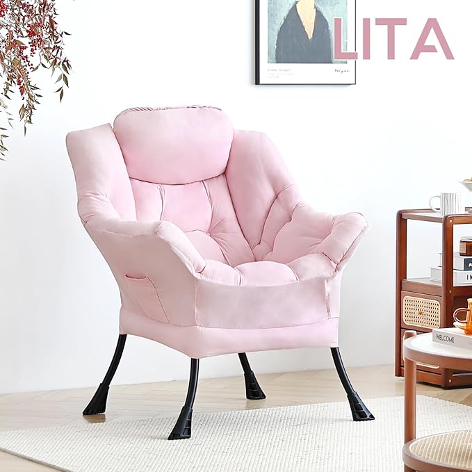 LITA Lazy Chair with Armrests and Side Pocket Modern Upholstered Accent Reading Chair for Living Room Bedroom Dorm Small Spaces Single Pink