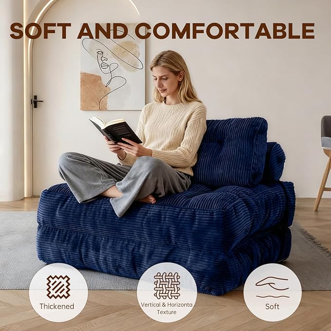 Folding Sofa Bed Convertible Floor Sleeper Chair Comfy Futon Floor Couch 2 in 1 Pull Out Single Boneless Sofa for Living Room Bedroom No Assembly (Corduroy Blue A)