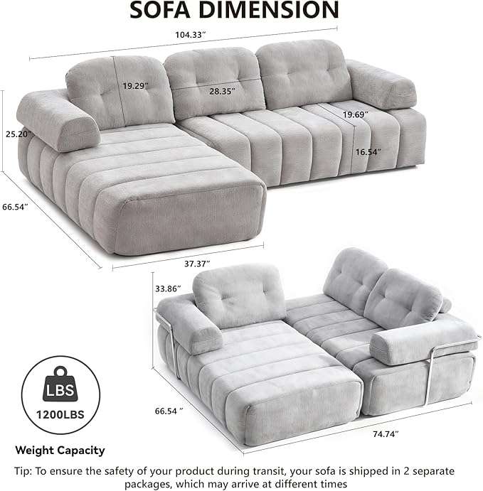 Modular Sectional Sofa with Chaise 104.33 L-Shape Boneless Couch with Pillows and Side Pockets 3-Seater Sectional Couches for Living Room Bedroom Chenille Fabric Grey