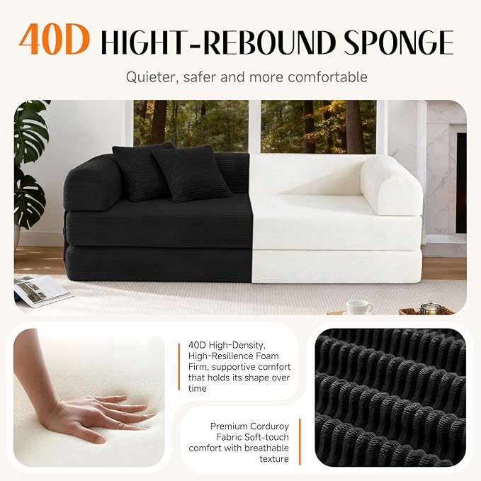 79 Corduroy Sofa Bed Boneless Couch in a Box with 2 Pillows High-Density Foam 4-in-1 Foldable Sleeper Futon Loveseat for Small Spaces No Assembly Side Pockets Black