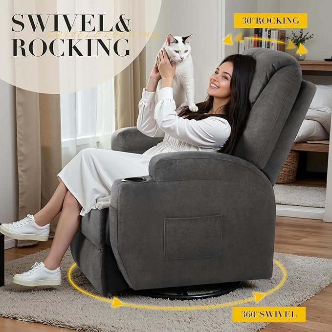 Recliner Chair 360° Swivel Rocker Chair for Adults Rocking Recliner Chair with Massage Comfy Single Sofa with Side Pockets Cup Holders for Living Room Bedroom Nursery (Fabric Dark Gray)