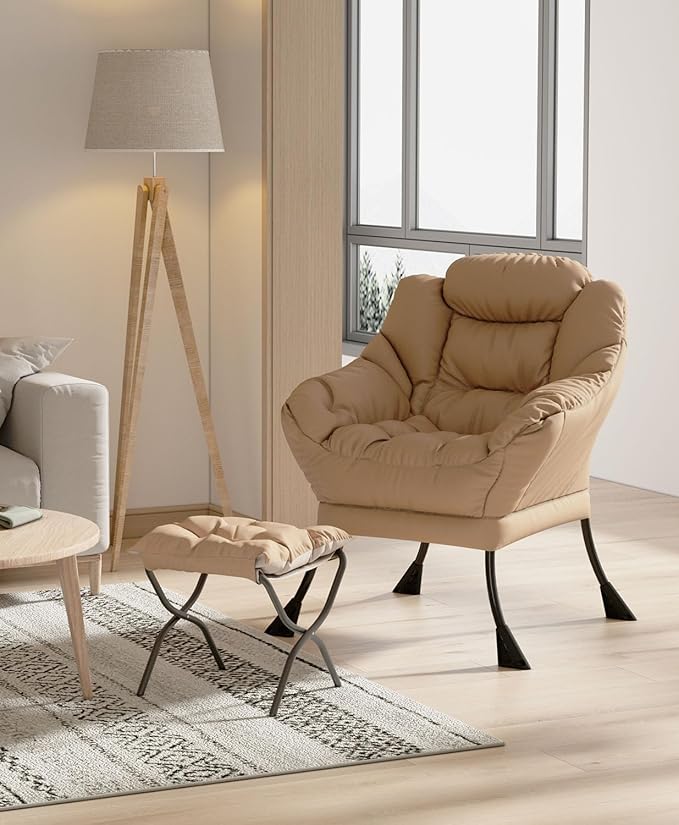 Living Room Chair with Ottoman Modern Lounge Accent Chair with Armrests and a Side Pocket Leisure Upholstered Sofa Lazy Chair Reading Chair with Footrest for Small Space (Beige)