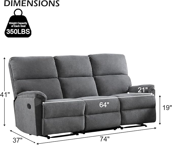 EBELLO Fabric Manual Reclining 3 Seat Sofa Couch Recliner Sofa with Sturdy Robust Metal Base 3 Seats for Small Living Room Bedroom and Meeting Room Grey
