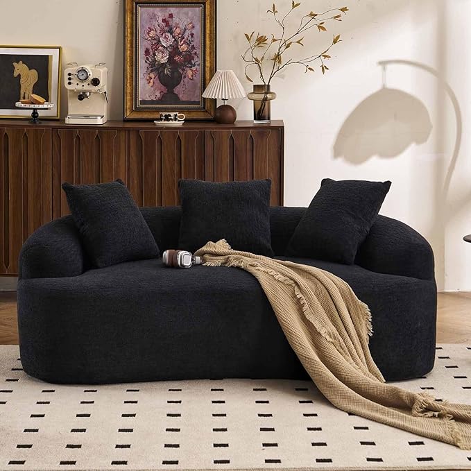 65” Black Curved Couch&amp Loveseat Sofa with 3 Pillows Compression Couch with Round Armrest Suitable for Small Space Bedroom Living Room Memory Foam Chenille No Assembly (Black)
