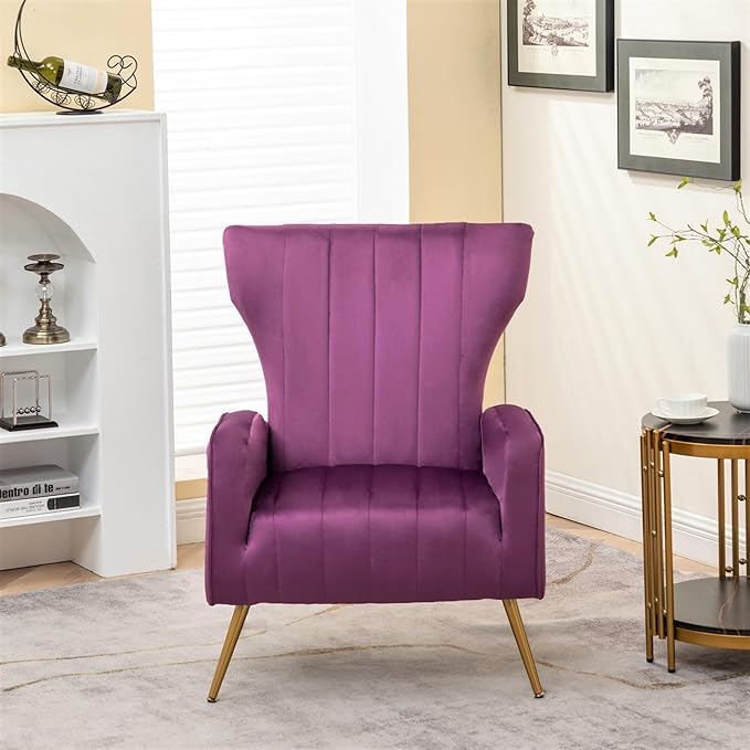 Modern Velvet Accent Chair Channel Tufted Bedroom Office or Living Room Furniture with Elegant Metal Legs 26 Wide Armchair Purple