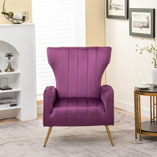 Modern Velvet Accent Chair Channel Tufted Bedroom Office or Living Room Furniture with Elegant Metal Legs 26 Wide Armchair Purple
