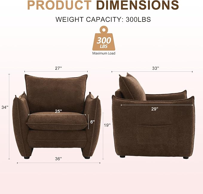 Oversized Accent Chair Modern Single Sofa Cloud Chair with Removable Pillow Deep Seat Comfy Armchair for Living Room Bedroom Reading Nook - Upholstered Lounge Chair (Brown)