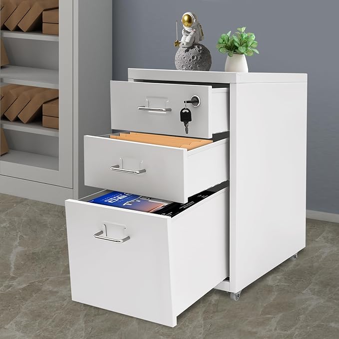 3-Layer Vertical File Cabinet Metal Mobile File Cabinet with Lock with Wheel White