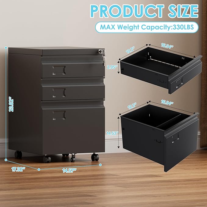 SUXXAN 3 Drawer File Cabinet with Lock Metal Under Desk Cabinet with Wheels for Office &amp Home Legal/Letter Size Need to Assemble