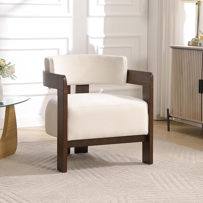Modern Accent Chair Upholstered Barrel Chairs Chenille Fabric Guest Chair with Wooden Legs Armrest for Living Room Bedroom 1PC White