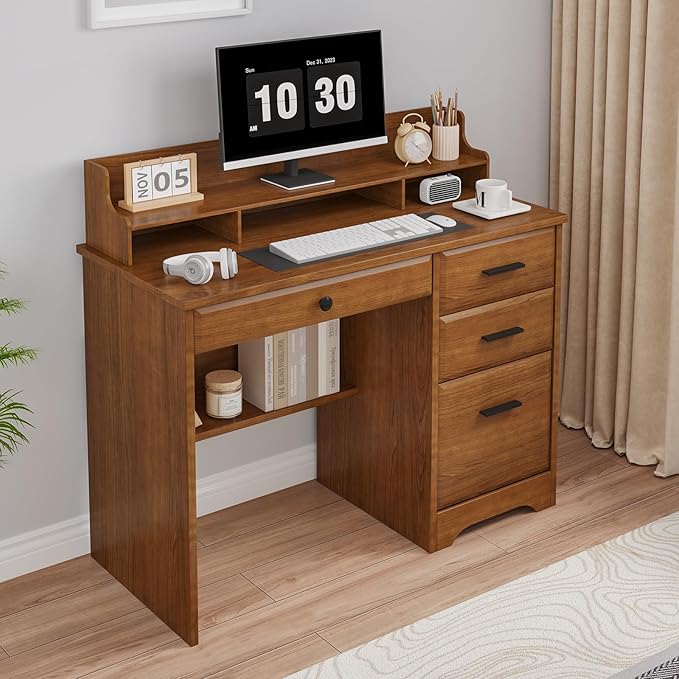 4 EVER WINNER Computer Desk with Drawers for Small Spaces Wood Desk with File Cabinet &amp Monitor Stand Office Desks Writing Study Table for Bedroom Brown