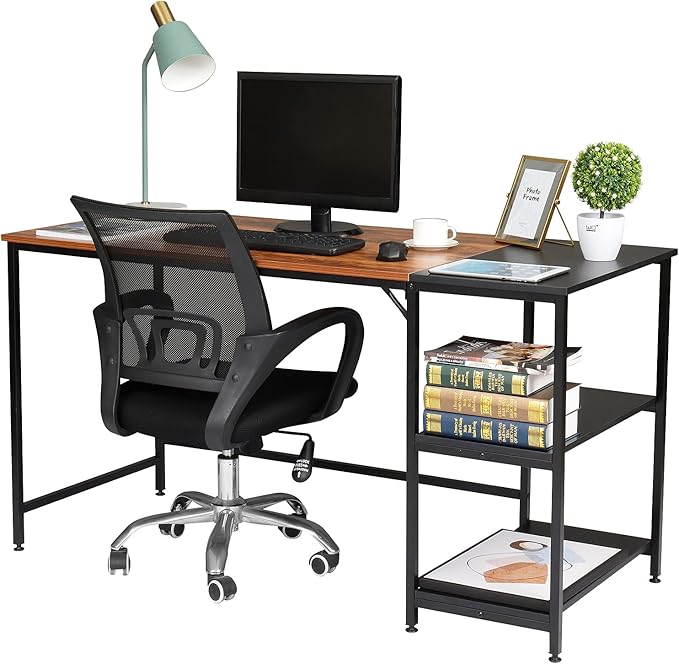 Home Office Desks Corner Computer Desk with Storage Shelves 140cm Industrial Office Desk Study Writing Table Workstation with Printer Stand and Bookshelf for Home Office 140 x 60 x 75cm(L x W x H)